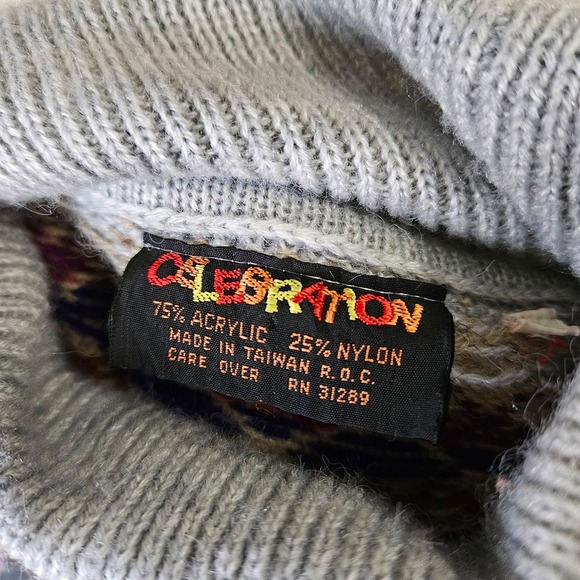 Vintage 70s 80s Celebration Grey Fair Isle Turtleneck Sweater Dress Belt Midi M - Picture 8 of 8